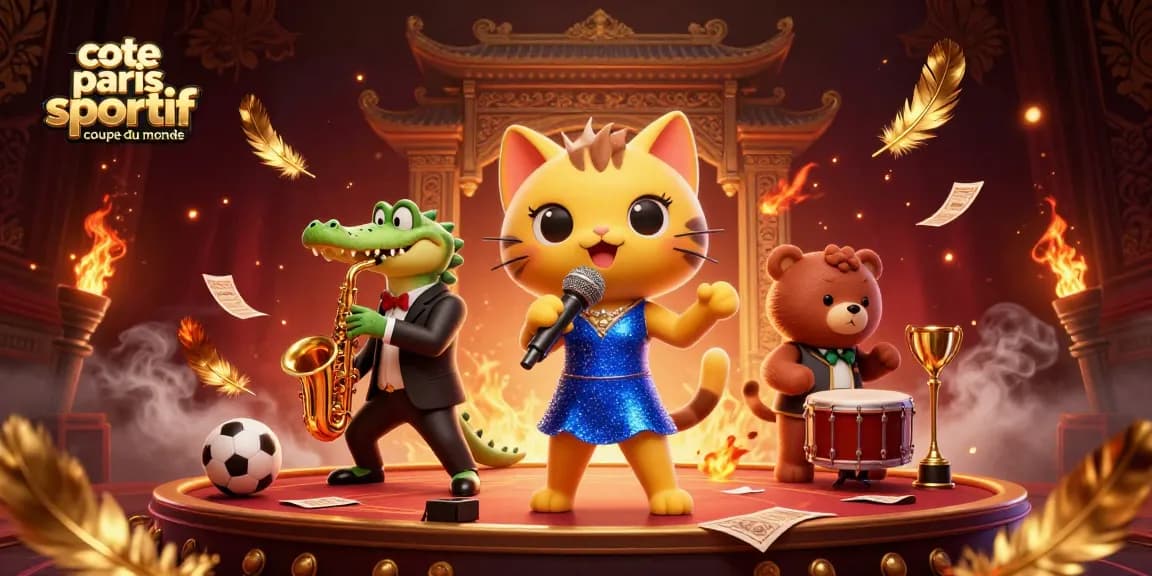 Illustration dynamique "cote paris sportif coupe du monde", mettant en scène une chanteuse jazz féline, un crocodile et un ourson, avec des éléments de paris sportifs.
