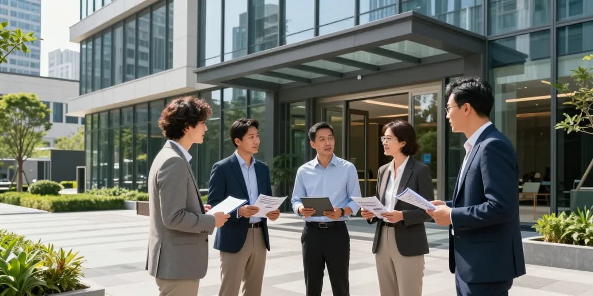 www.mgoldproperties.com showcasing modern commercial properties with diverse professionals discussing leasing opportunities.