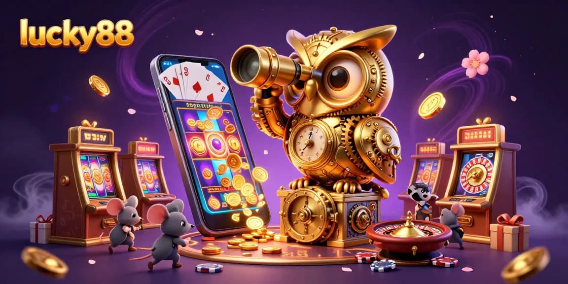 Experience the thrill at lucky88 with gold coins and vibrant slot games overflowing in this immersive illustration.