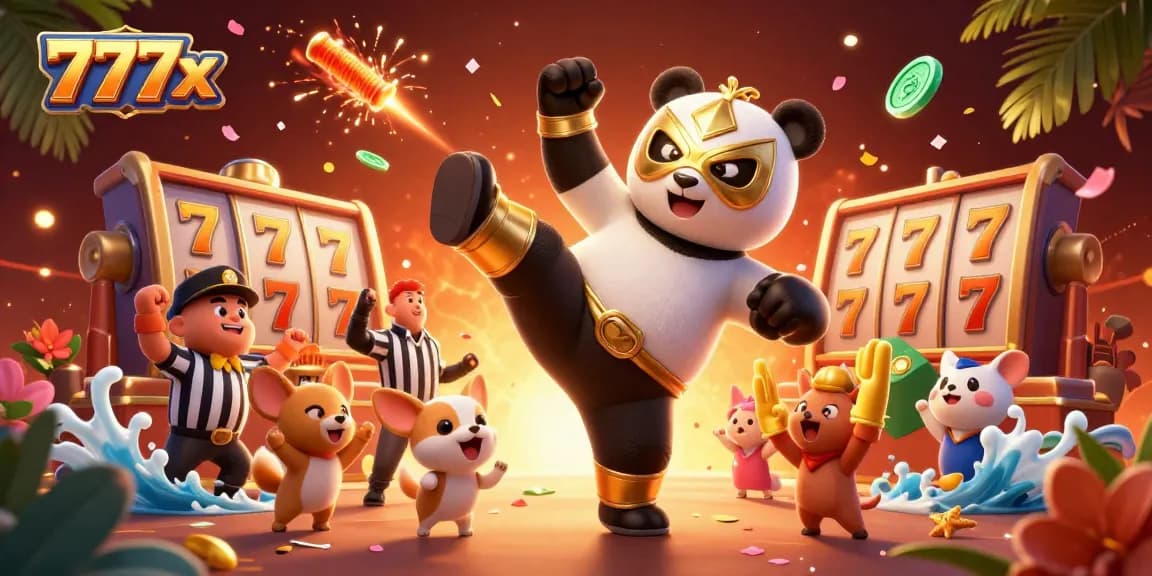 Experience thrilling gameplay at 777x with a panda wrestler and jubilant crowd celebrating casino wins!