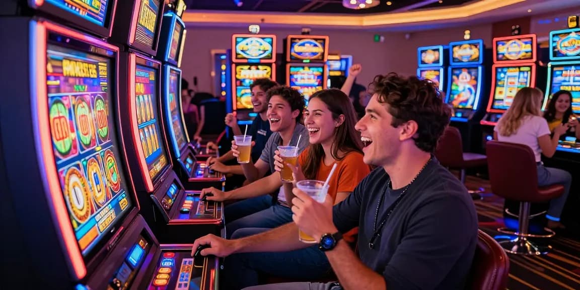 Friends celebrating at a vibrant slot machine, enjoying situs slot excitement in a lively casino atmosphere.