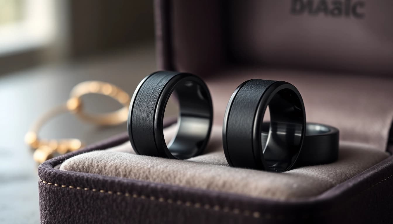 Showcasing stunning Black Zirconium Rings on a velvet display highlighting their unique craftsmanship.
