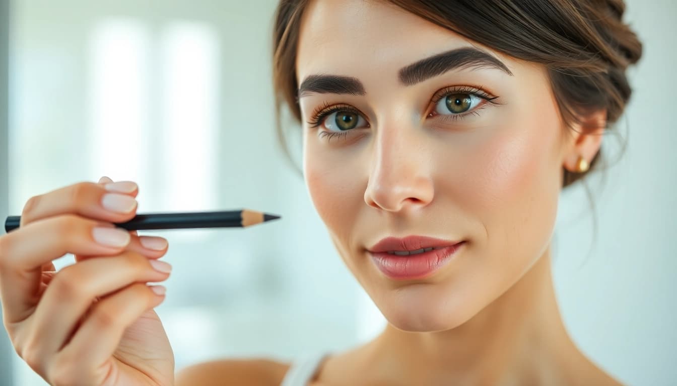 Apply pencil eyebrows for flawless brows in a bright bathroom setting.