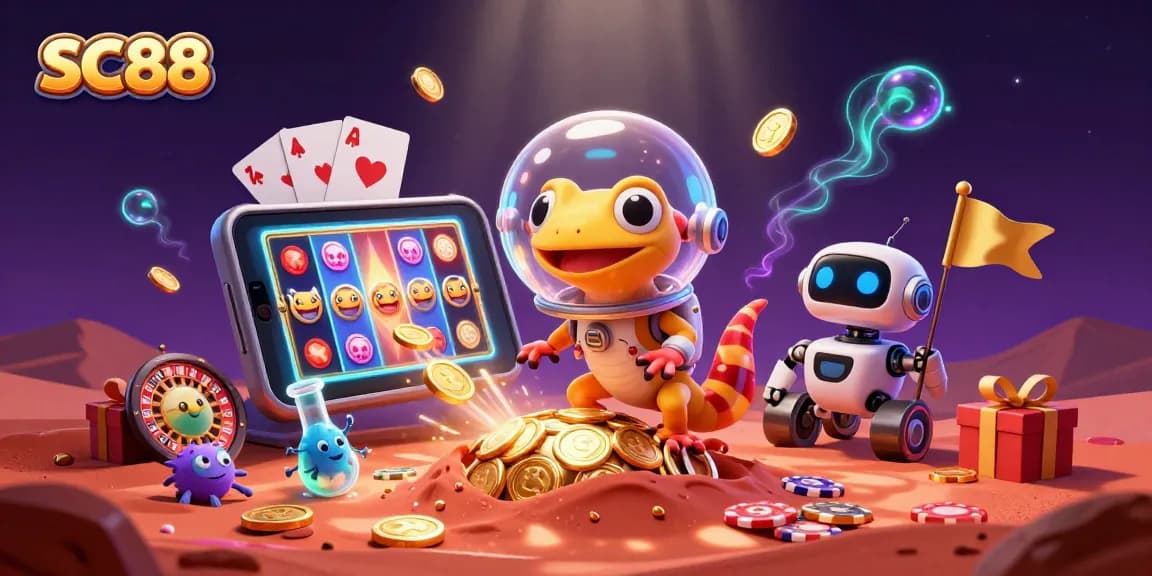 SC88 Martian gecko finds a hidden casino, exciting gamers with vibrant slot games and gold.