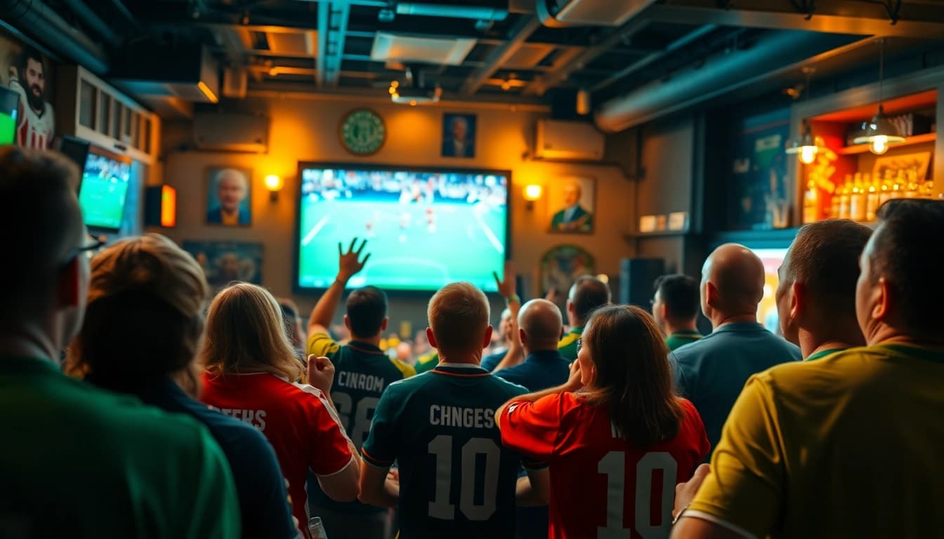 Menyaksikan bolakami dengan penuh semangat di pub yang ramai dan penuh warna.