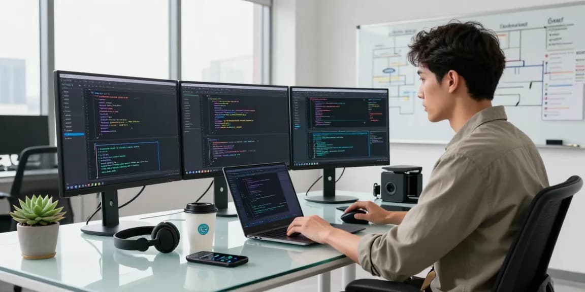 Custom Software Development Services in a modern office setting with a developer focused on coding and tech gadgets.