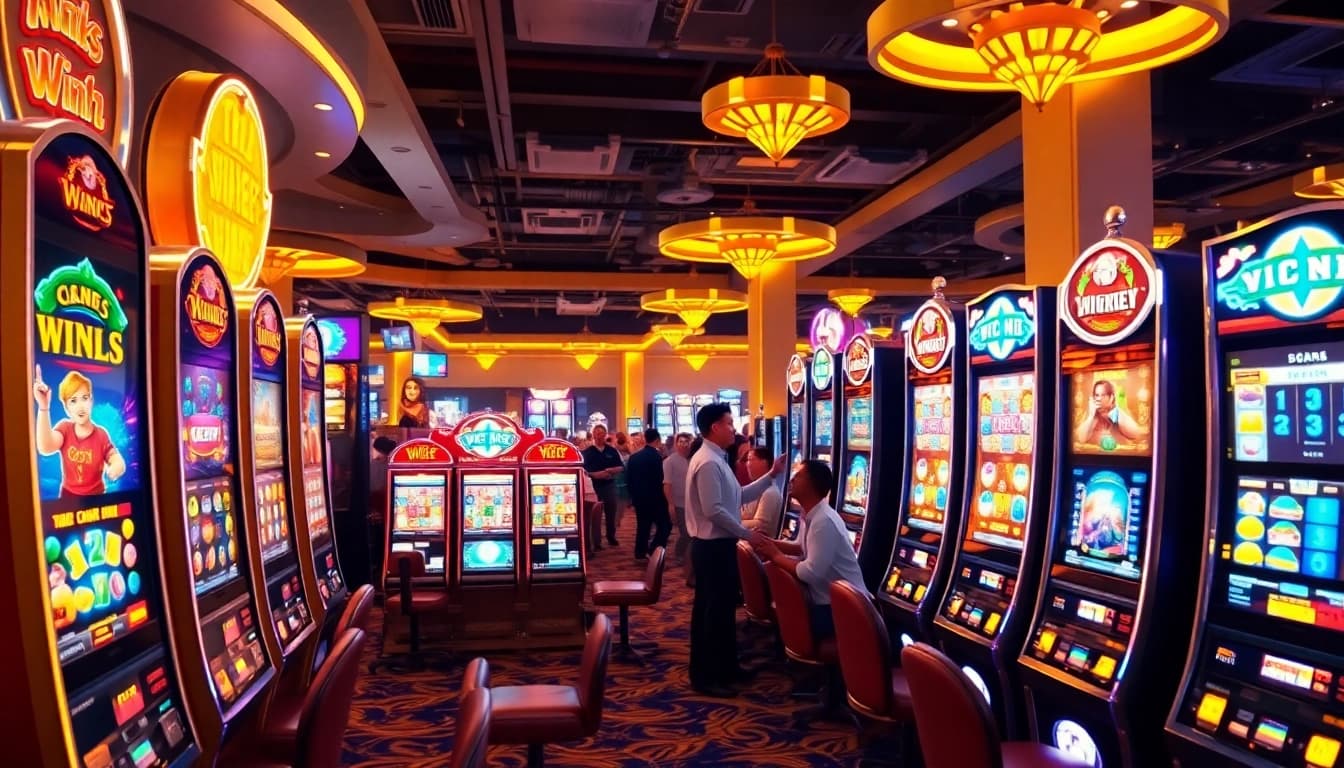 Engaging scene of slot gambling with vibrant machines and excited players.