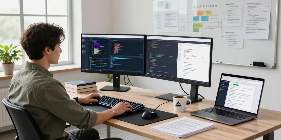 Software developer at a modern workspace focusing on NAGA2000 technology solutions, surrounded by coding tools and teamwork elements.