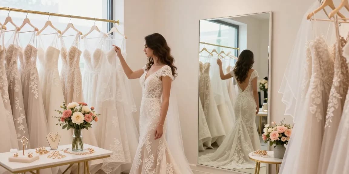 Consulenza di Bridal styling in boutique con abiti nuziali e accessori eleganti.
