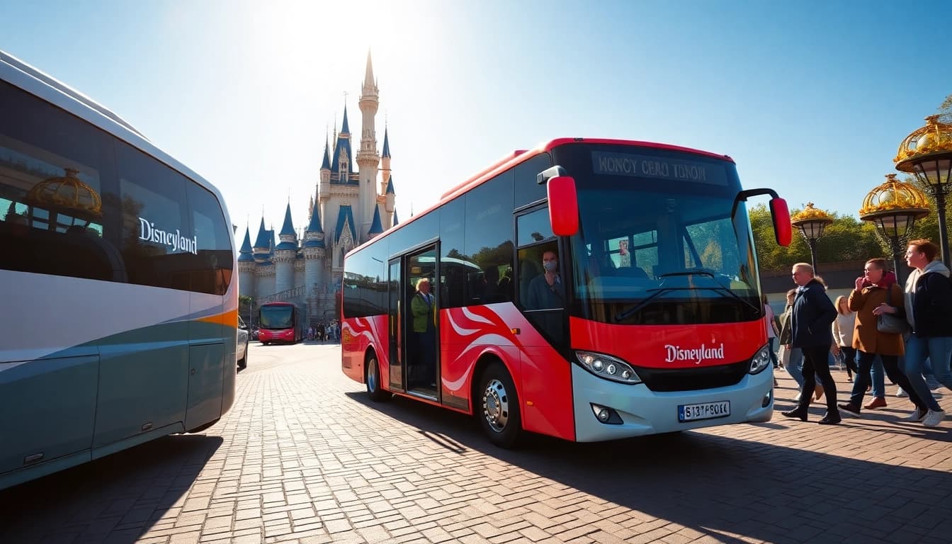 Transporting from disneyland paris to airport with cheerful travelers near the shuttle bus.