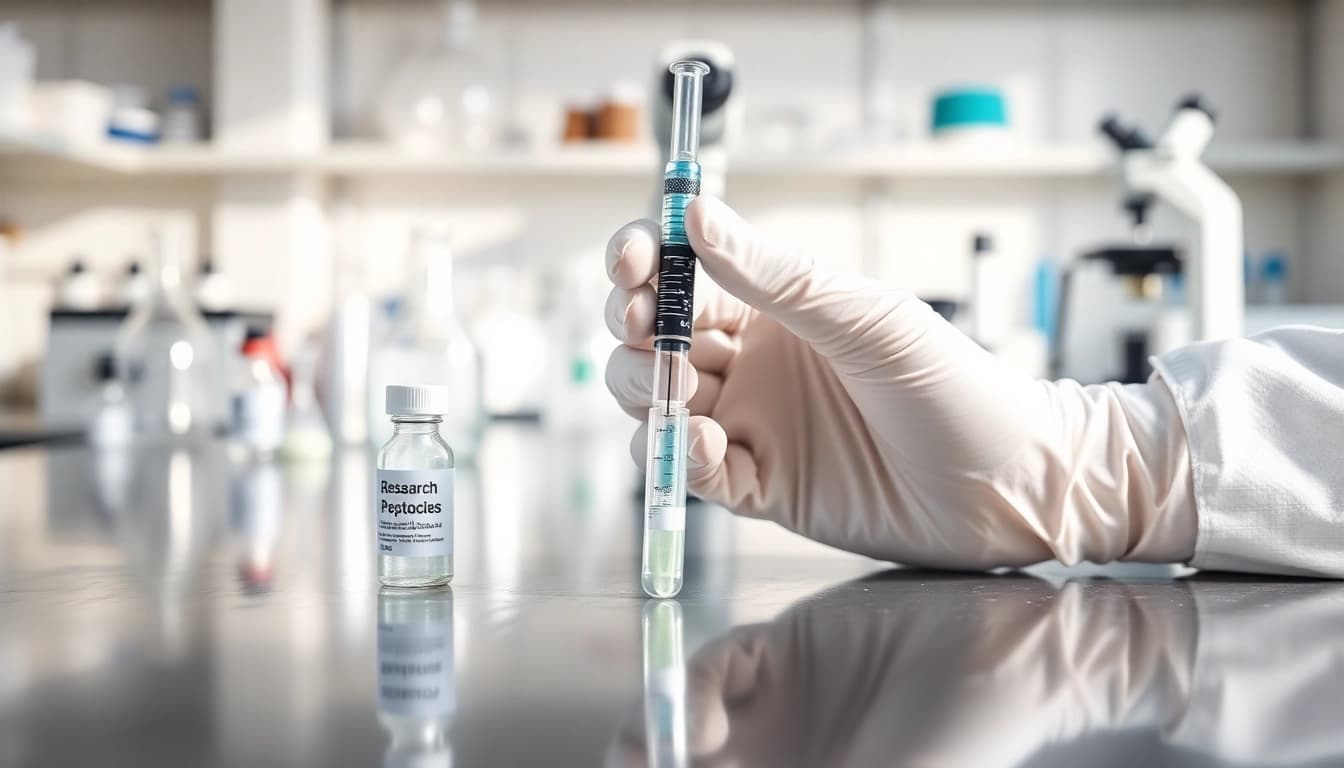 Buy research peptides with a professional display of lab vials and equipment under bright lighting.