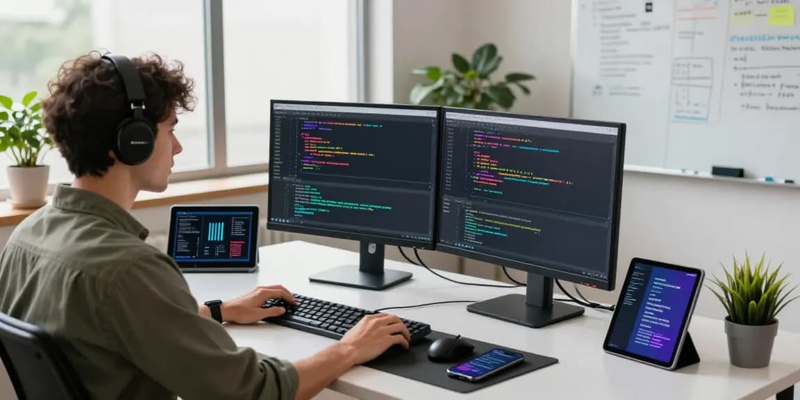 Software developer coding in modern workspace, see more details on tech innovations and productivity.