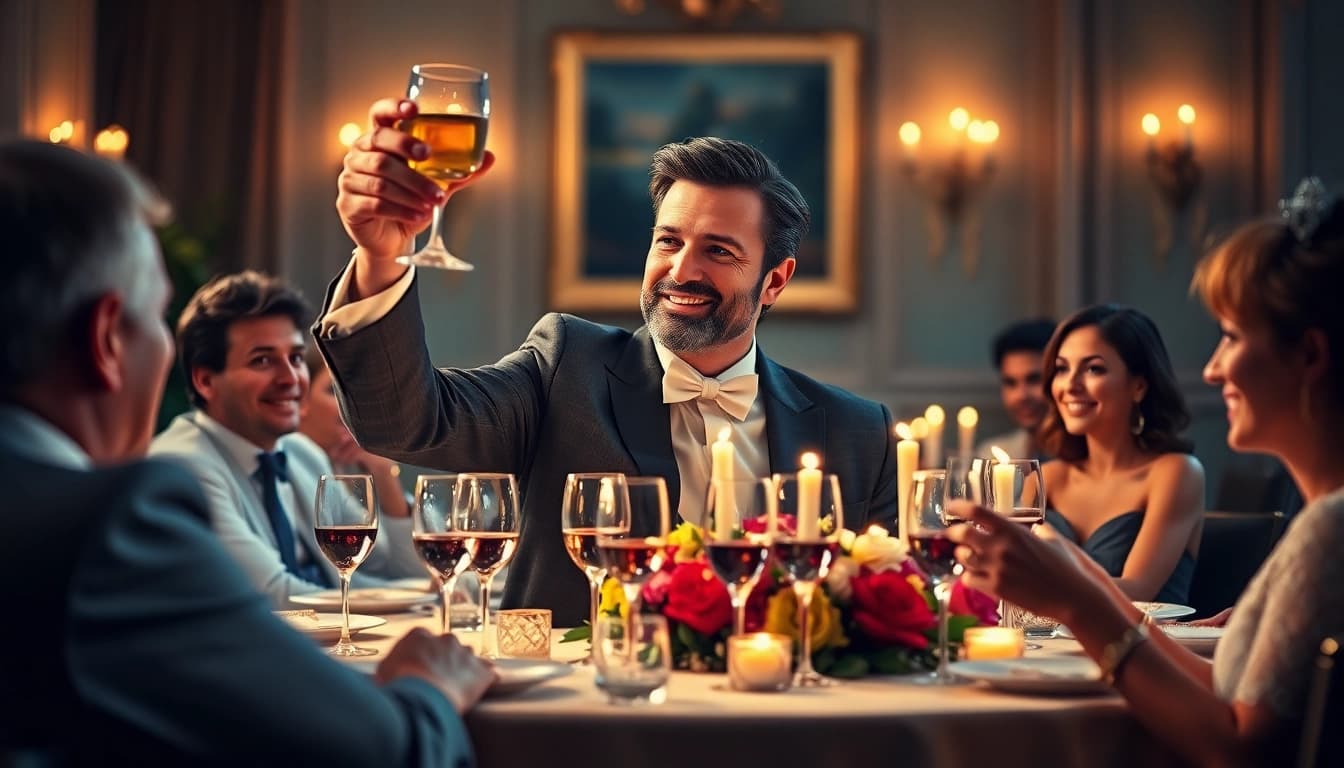 A gentleman confidently giving a toast at a celebration, radiating warmth and joy.