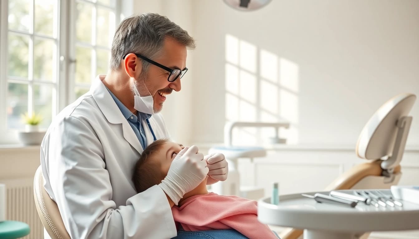 Family Dentistry: Dentist caring for a child in a welcoming dental clinic.