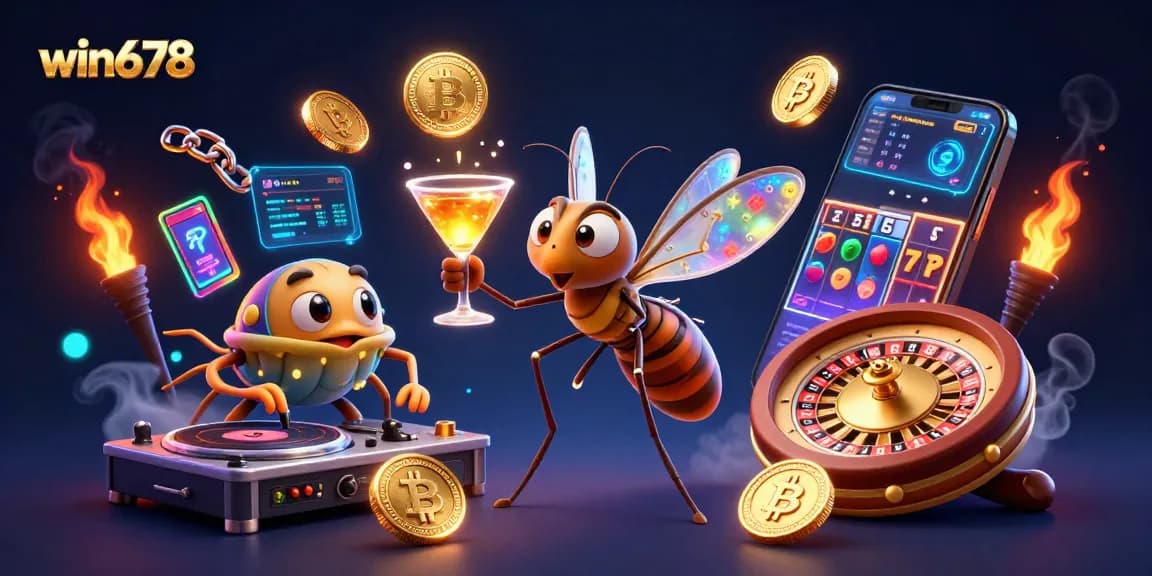 Experience thrilling gaming at win678 with a lively illustration of crypto-themed casino action.