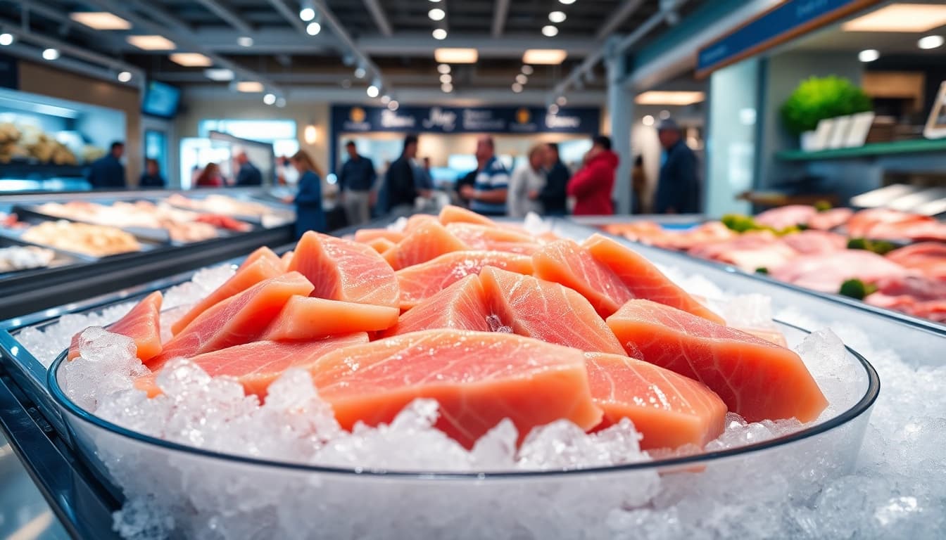 Showcase of fresh frozen salmon by a Frozen salmon wholesale supplier in a vibrant seafood market.