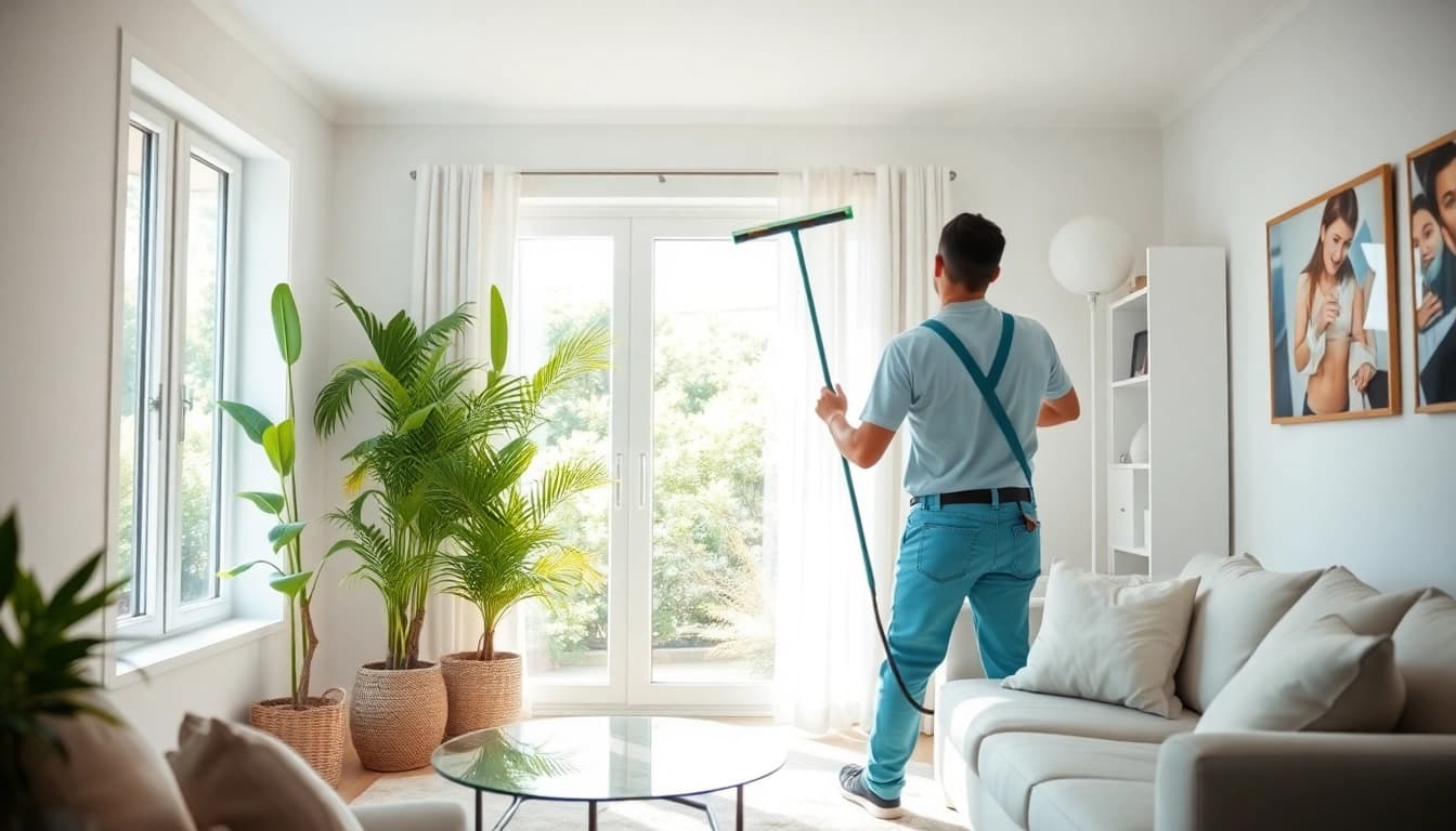 Performing bond cleaning in a spotless living room, highlighting meticulous attention to detail.