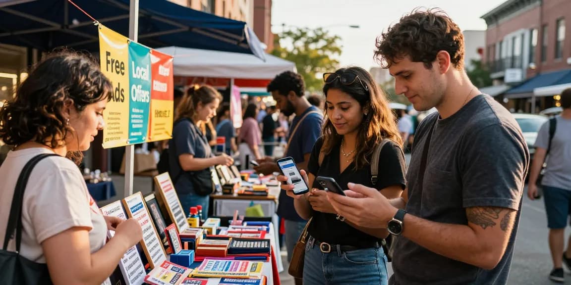 bedpersonal provides a lively urban marketplace experience with diverse individuals browsing local classifieds.