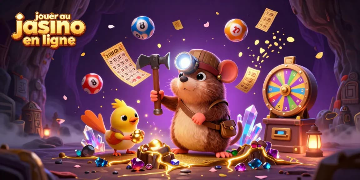 Jouer au casino en ligne avec un chercheur de trésor et des éléments de jeu colorés dans une scène dynamique.