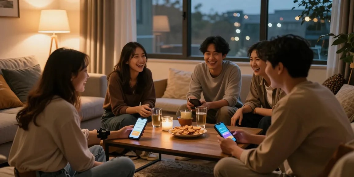 Friends enjoying cozy evening together with snapwins telegram app on table