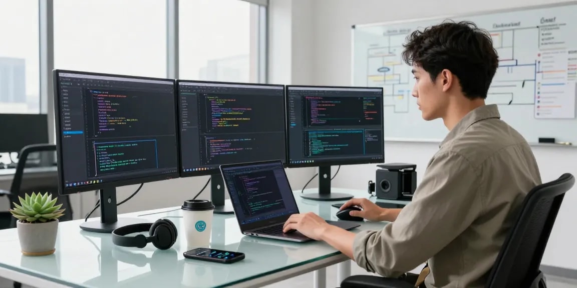 Custom Software Development Services in a modern office setting with a developer focused on coding and tech gadgets.