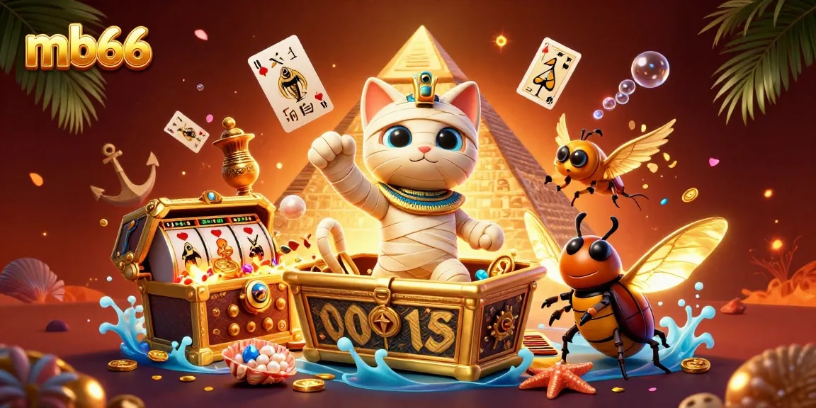 Experience thrilling gaming action with mb66 inside a dynamic pyramid casino scene featuring an Egyptian mummy cat.