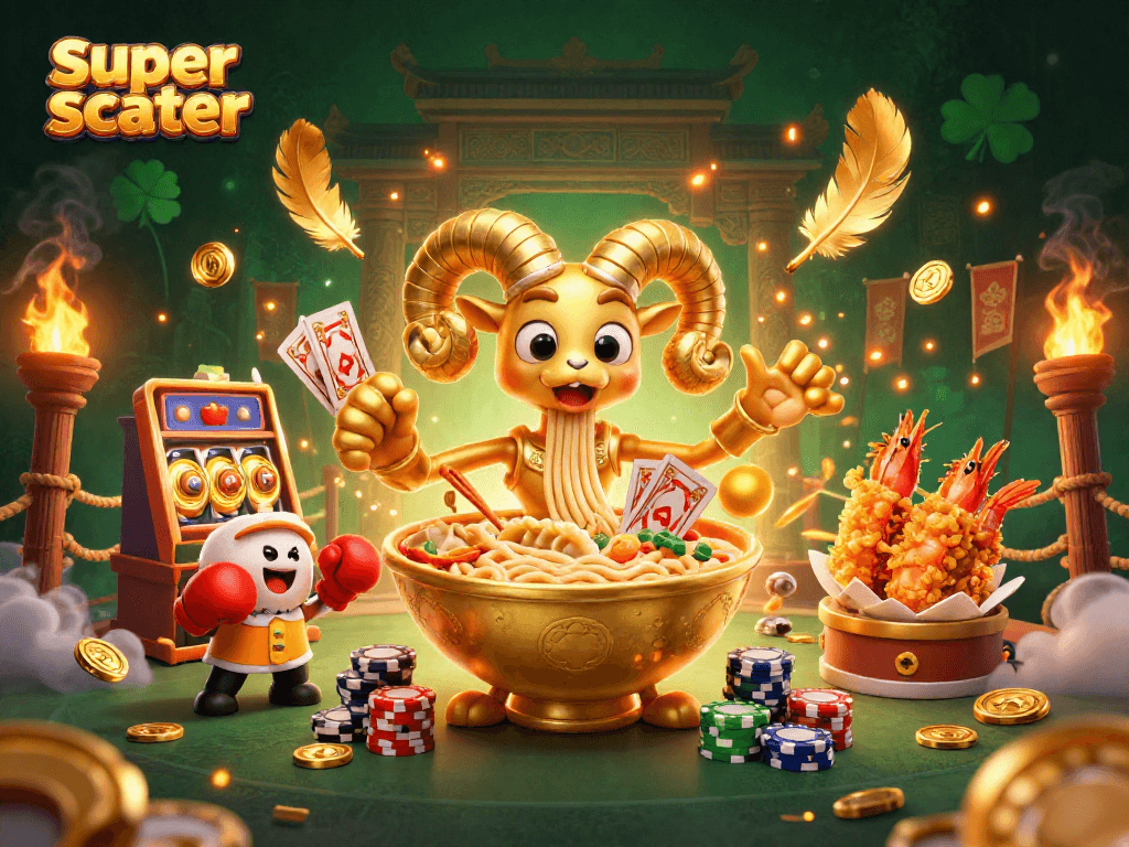Engage with the super scatter action as golden ramen deals cards in a vibrant casino atmosphere.