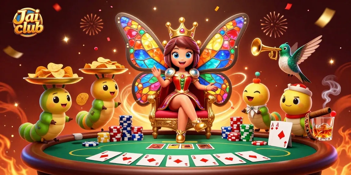 Experience the vibrant action at Jai club with our 3D butterfly queen and poker scene.