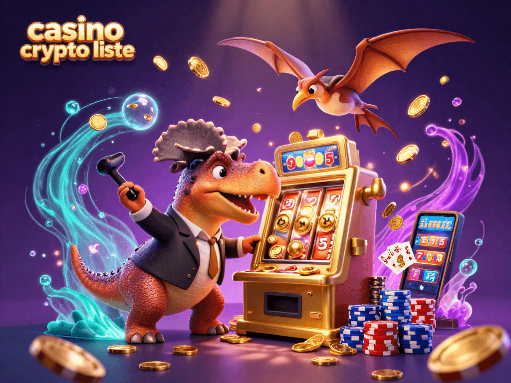 Illustration dynamique d'une liste de casinos crypto avec un pachycéphalosaurus et un gestionnaire ankylo, capturant des jetons d'or.