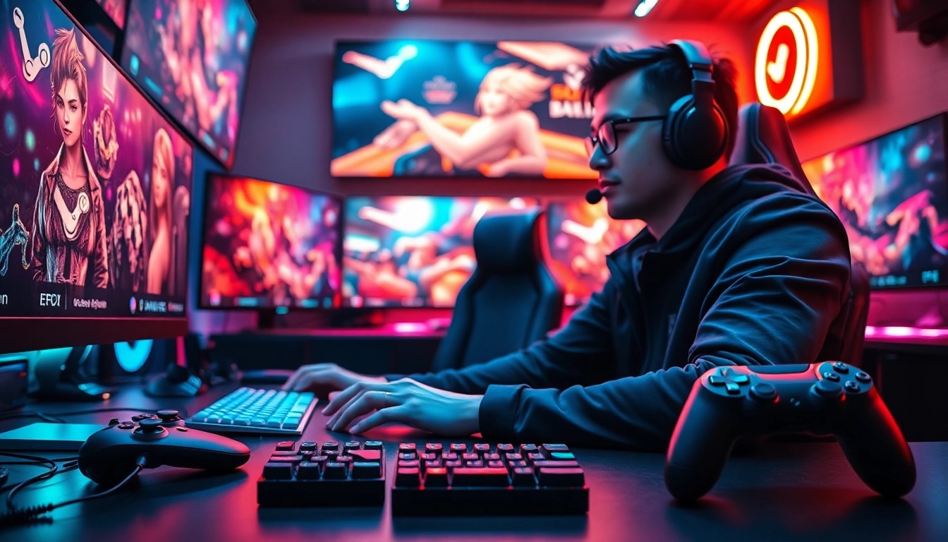Discover cheap Steam keys in a vibrant gaming setup featuring neon lights and digital game displays.