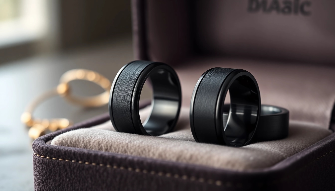 Showcasing stunning Black Zirconium Rings on a velvet display highlighting their unique craftsmanship.