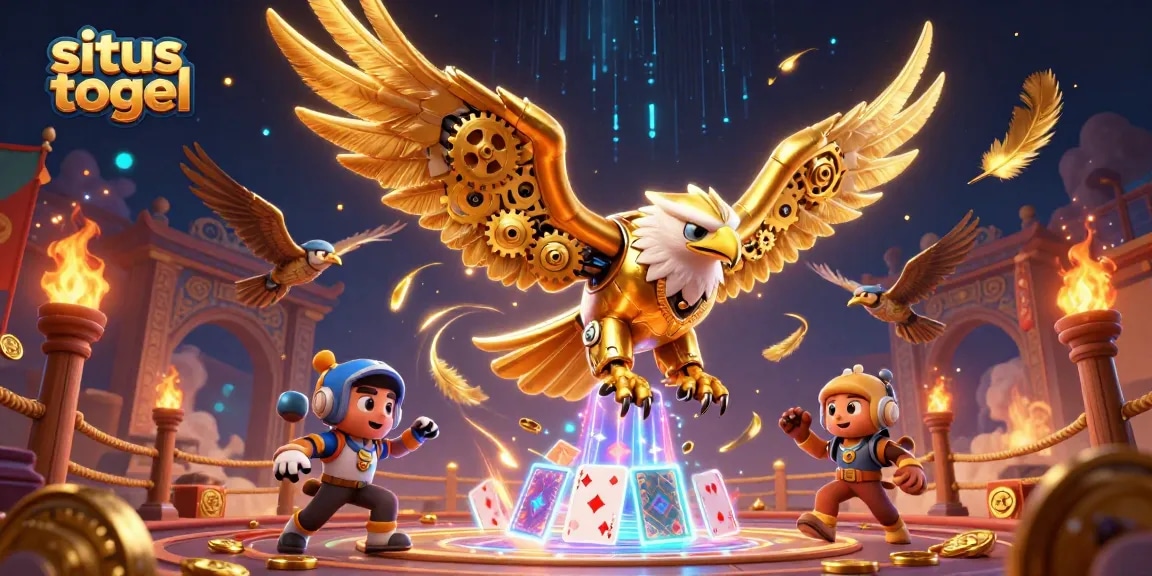 Experience situs togel excitement with a cybernetic eagle soaring through a vibrant casino scene.