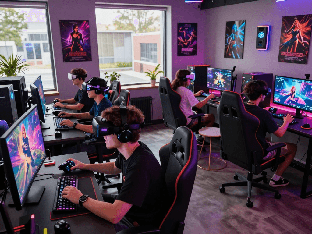Friends enjoying immersive sex games in a dynamic gaming lounge environment, showcasing modern gaming culture.