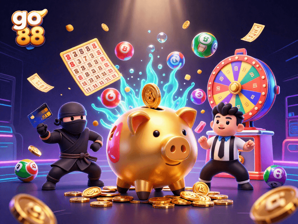 Engage in exciting gameplay at go 88 with a dynamic scene featuring vibrant lottery elements and characters.