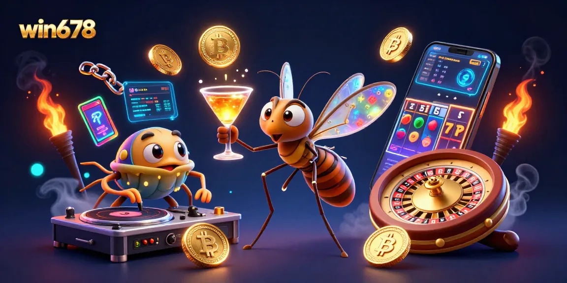 Experience thrilling gaming at win678 with a lively illustration of crypto-themed casino action.