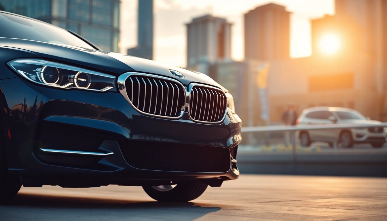 Admire the Luxury BMW car showcasing its sleek design against a vibrant city backdrop.