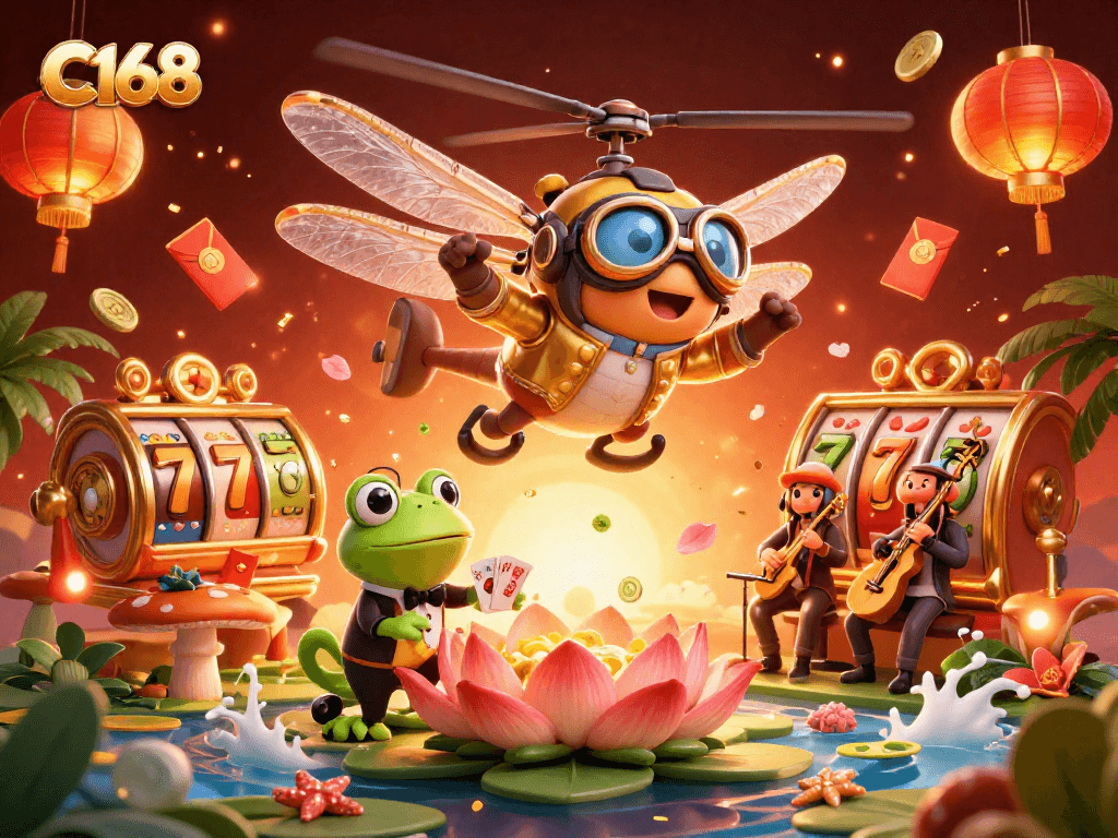 C168 online casino showcasing a vibrant dragonfly pilot and frog croupier amidst exciting slot treasures and festive decorations.