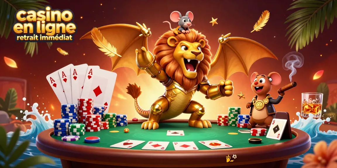 Une scène dynamique de casino en ligne retrait immédiat avec un chimère 3D et des éléments de jeu captivants.