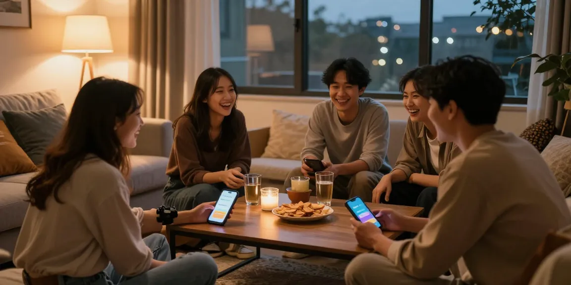 Friends enjoying cozy evening together with snapwins telegram app on table