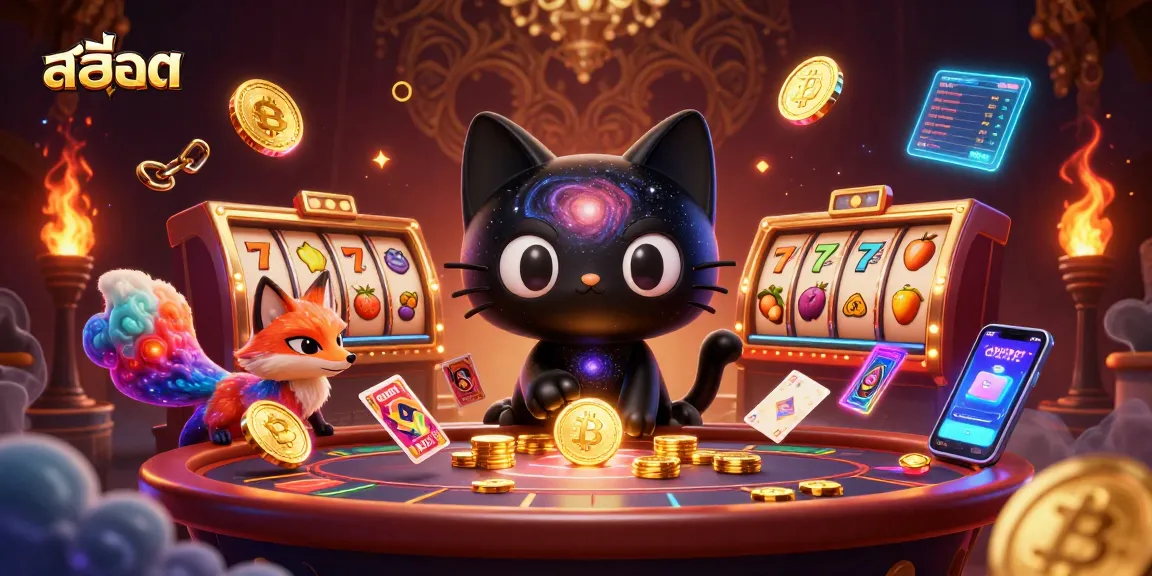 Engage in thrilling สล็อต casino adventures with our dynamic cosmic scene showcasing colorful characters and vibrant slot elements.