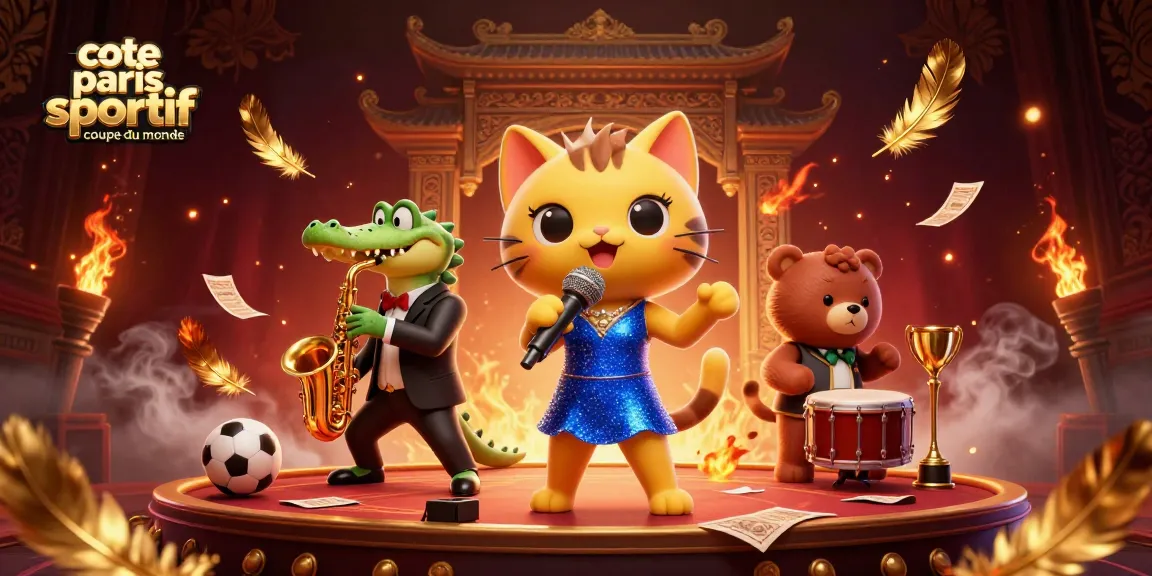 Illustration dynamique "cote paris sportif coupe du monde", mettant en scène une chanteuse jazz féline, un crocodile et un ourson, avec des éléments de paris sportifs.