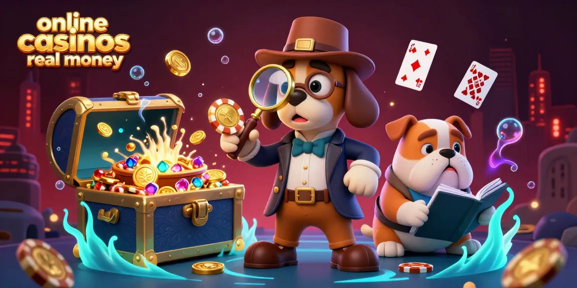 Discover exciting online casinos real money gameplay with a 3D cartoon detective uncovering clues amidst vibrant casino elements.