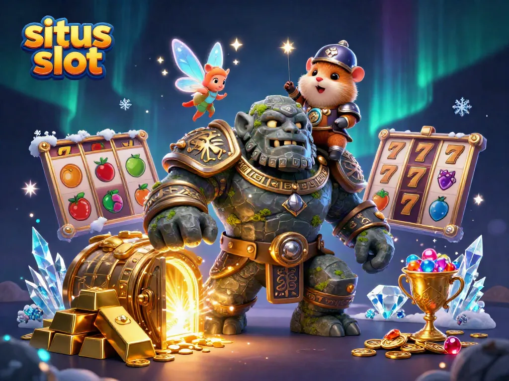 Experience situs slot thrills through this magical 3D scene of a golem guardian, enchanted fairy, and hamster knight.