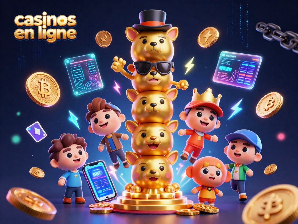Jeux de casinos en ligne avec une illustration de totem en or et des pièces de crypto-monnaies animées.