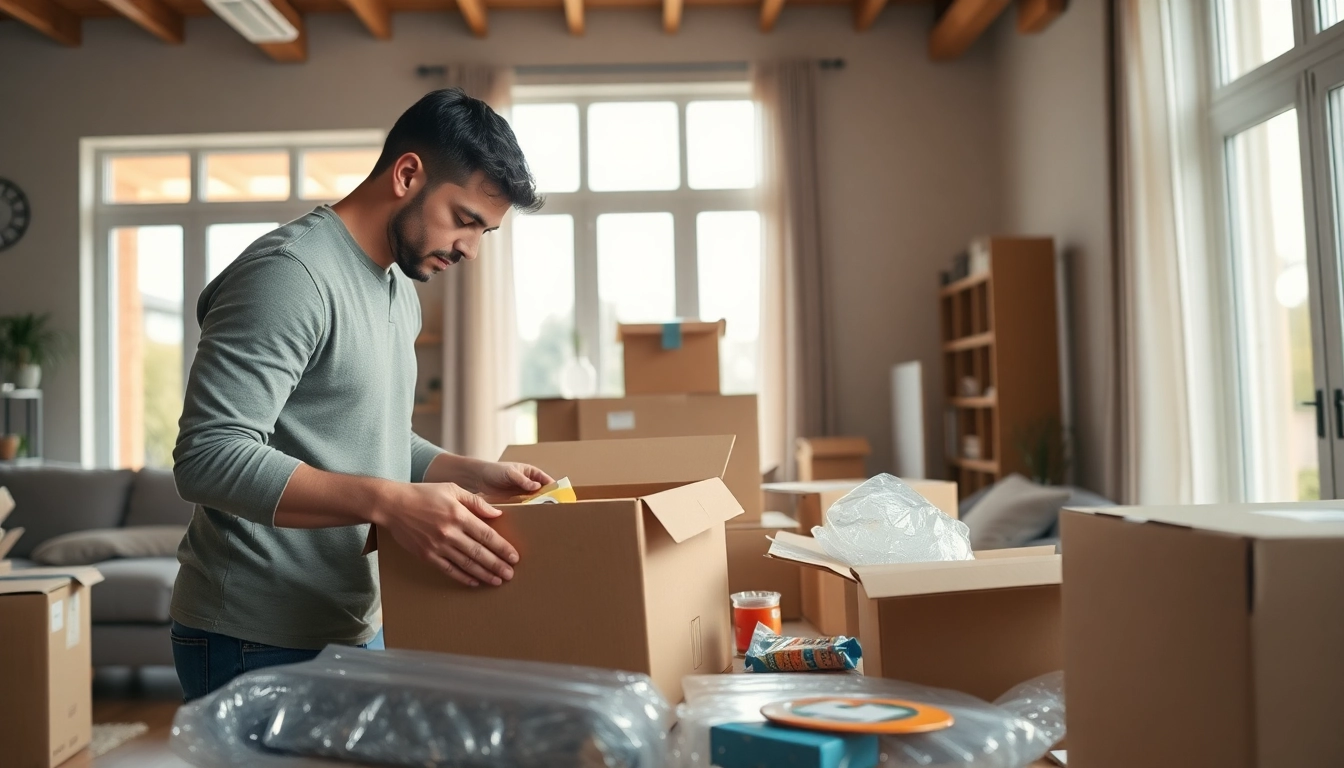 Efficient team providing Professional Packing Services in a sunny living room.