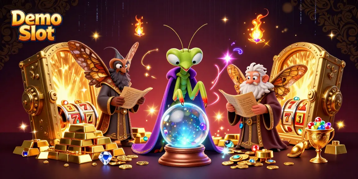 Experience the excitement of Demo Slot gameplay with mystical characters and dynamic treasures in this vibrant illustration.