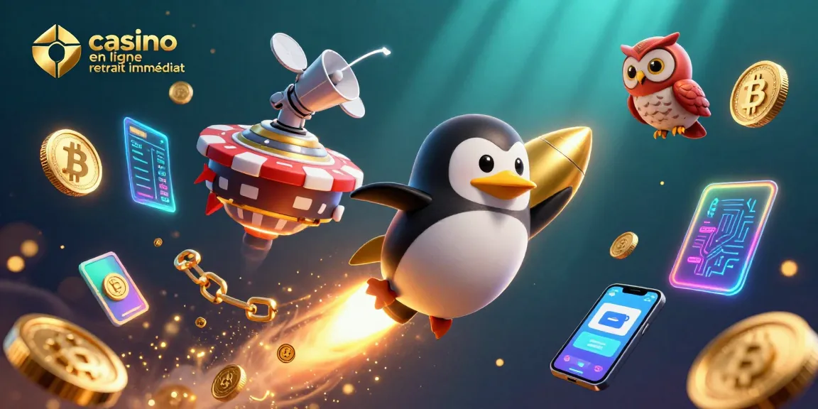 Jouez à casino en ligne retrait immédiat avec un pingouin doré propulsé par une fusée, des pièces d'or et des crypto-monnaies
