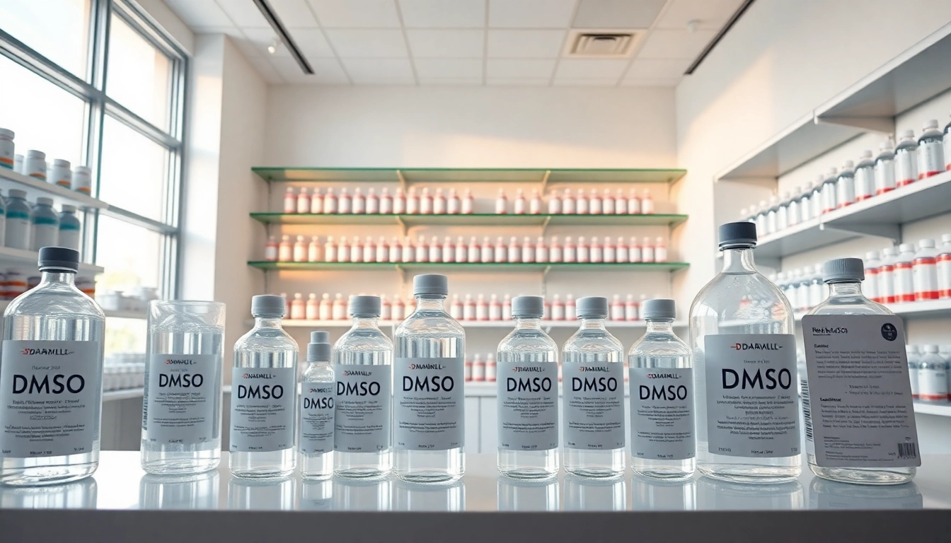 DMSO Store Inc product display showcasing pure DMSO solutions in a modern pharmacy setting.