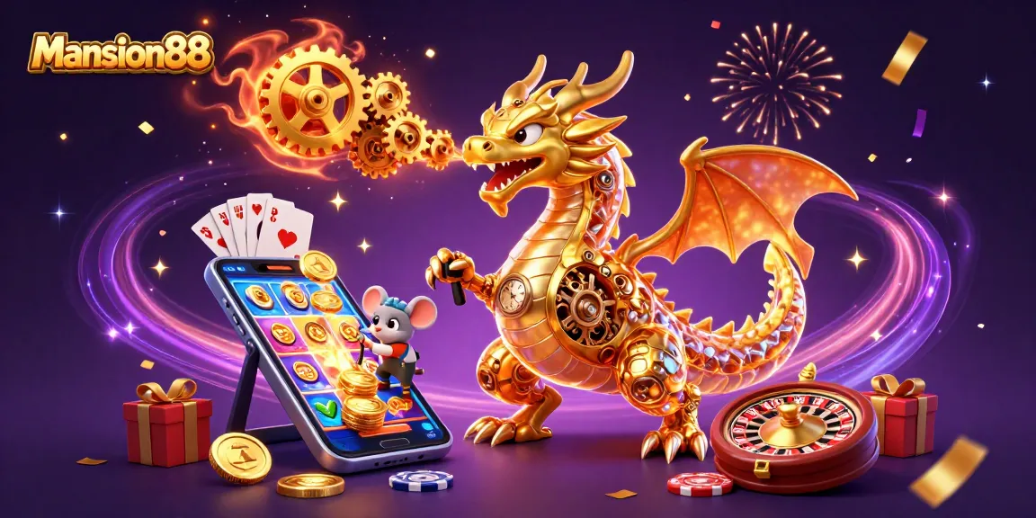 Win big at Mansion88 with a spectacular 3D casino scene featuring a golden dragon!