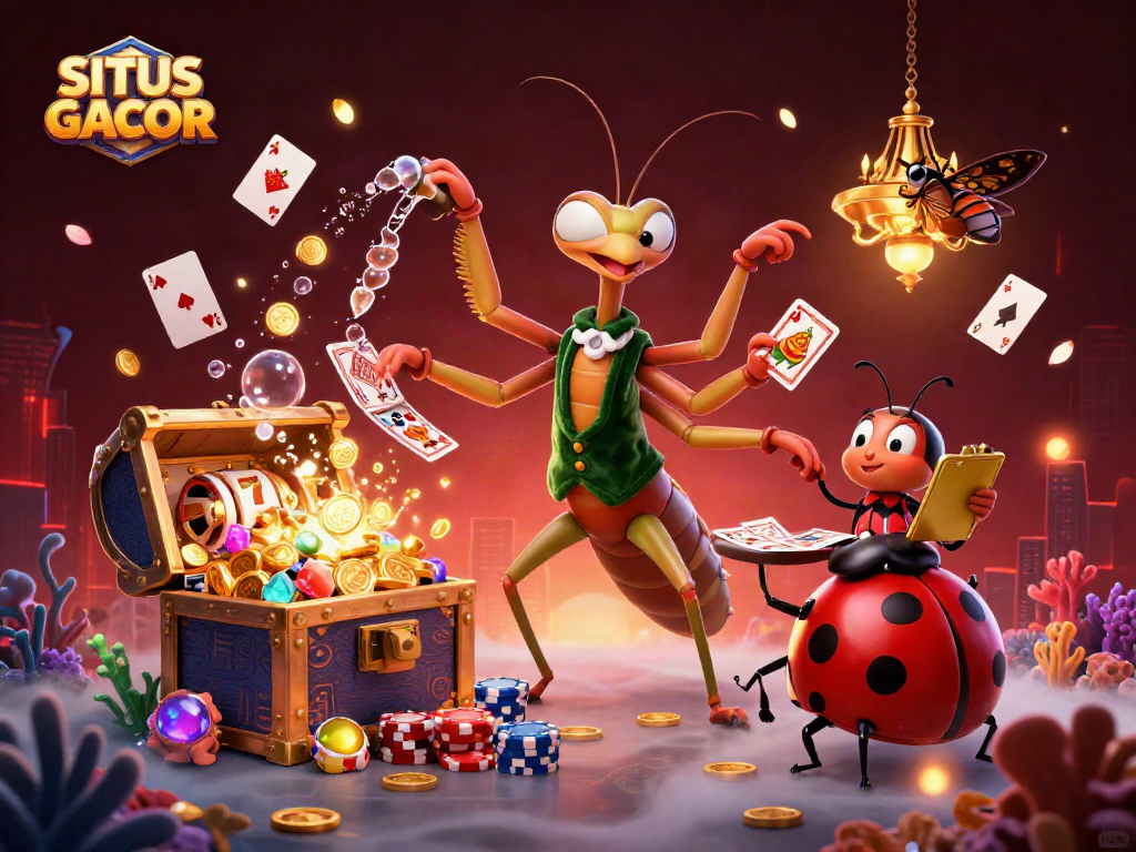 SITUS GACOR showcases a vibrant casino scene with a giant praying mantis card sharp and engaging game elements.